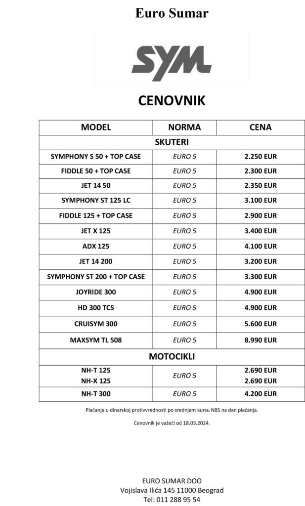 SYM cenovnik za 2024. godinu